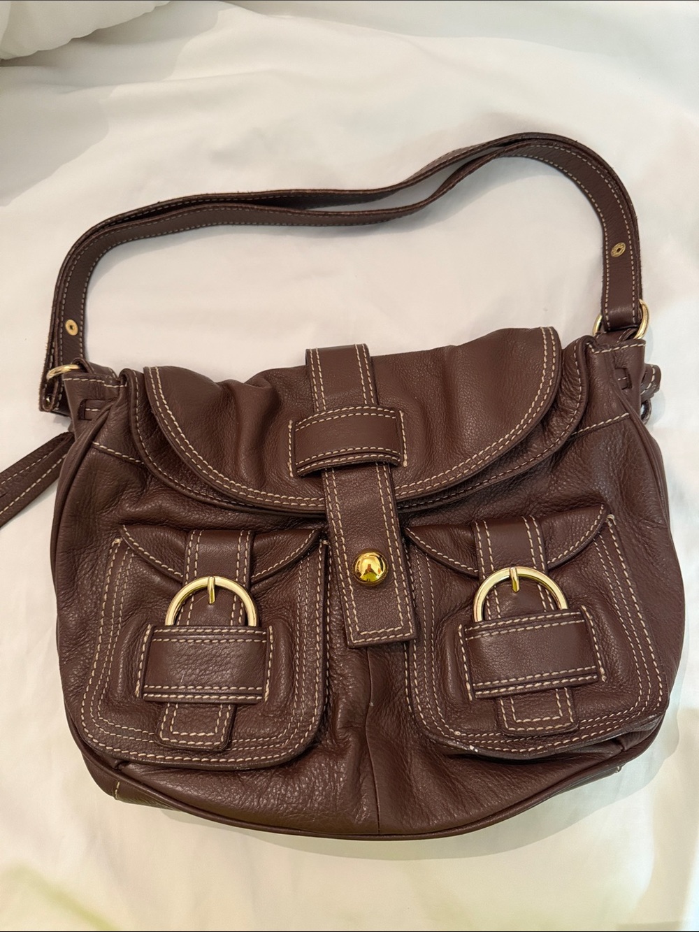 Barr Barr Brown Genuine Leather Shoulder Bag with Front Buckle Pockets